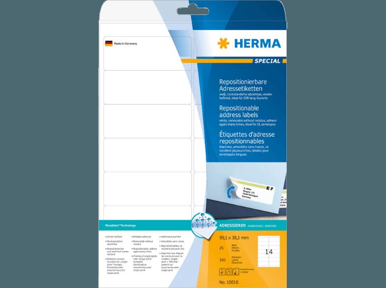 HERMA 10016 Repositionierbare Adressetiketten 99.1x38.1 mm A4 350 St., HERMA, 10016, Repositionierbare, Adressetiketten, 99.1x38.1, mm, A4, 350, St.