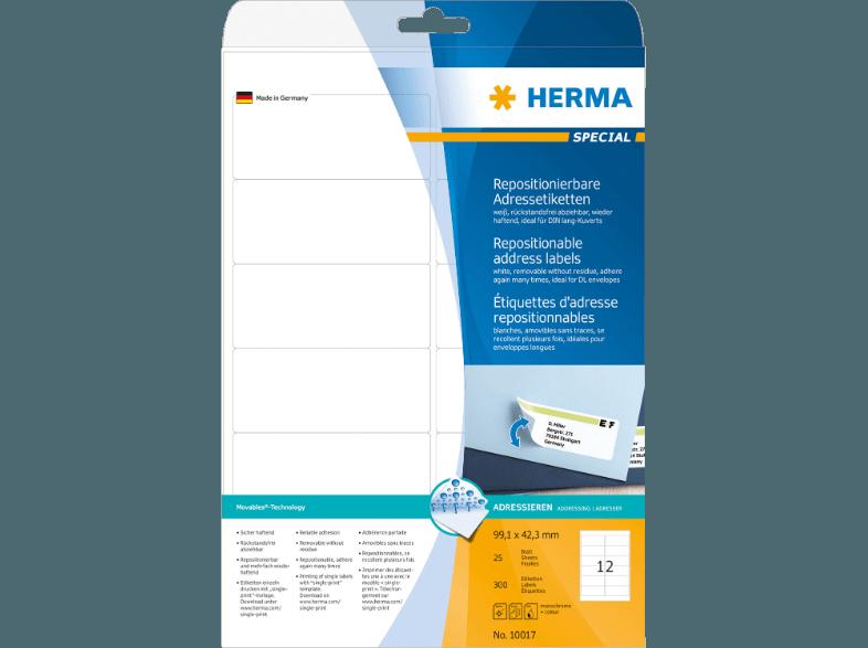 HERMA 10017 Repositionierbare Adressetiketten 99.1x42.3 mm A4 300 St., HERMA, 10017, Repositionierbare, Adressetiketten, 99.1x42.3, mm, A4, 300, St.