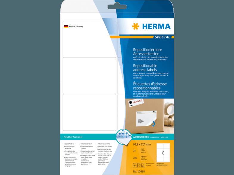 HERMA 10018 Repositionierbare Adressetiketten 99.1x67.7 mm A4 200 St., HERMA, 10018, Repositionierbare, Adressetiketten, 99.1x67.7, mm, A4, 200, St.