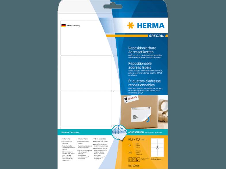 HERMA 10018 Repositionierbare Adressetiketten 99.1x67.7 mm A4 200 St., HERMA, 10018, Repositionierbare, Adressetiketten, 99.1x67.7, mm, A4, 200, St.