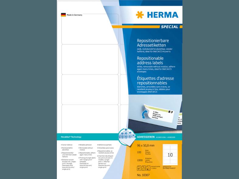 HERMA 10307 Repositionierbare Adressetiketten 96x50.8 mm A4 100 St., HERMA, 10307, Repositionierbare, Adressetiketten, 96x50.8, mm, A4, 100, St.