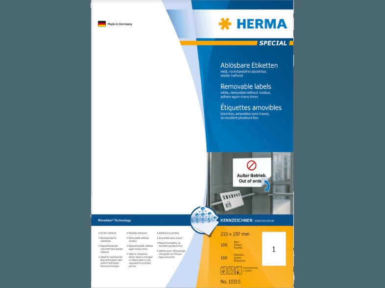 HERMA 10315 Ablösbare Etiketten 210x297 mm A4 100 St., HERMA, 10315, Ablösbare, Etiketten, 210x297, mm, A4, 100, St.