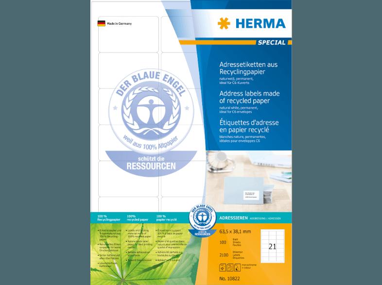 HERMA 10822 Adressetiketten Recyclingpapier 63.5x38.1 mm A4 2100 St., HERMA, 10822, Adressetiketten, Recyclingpapier, 63.5x38.1, mm, A4, 2100, St.