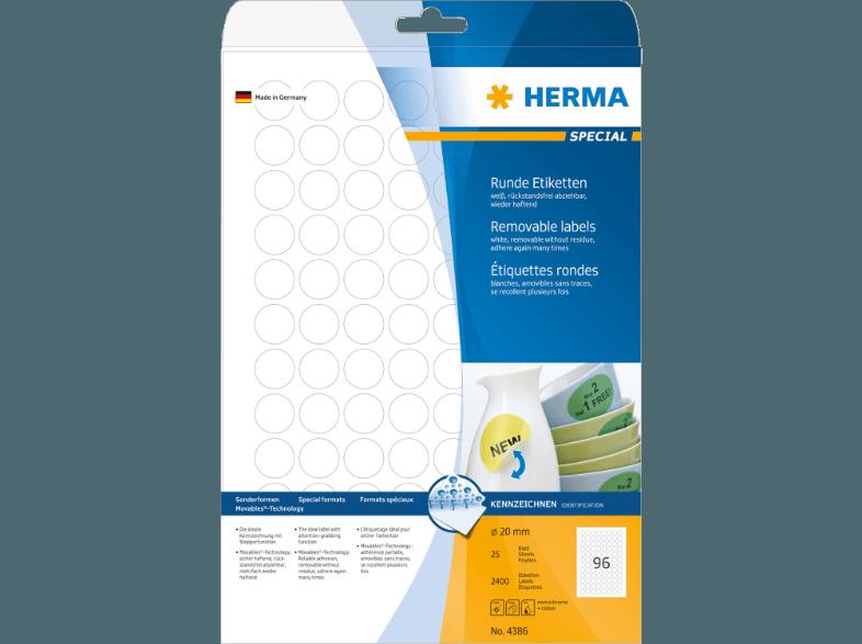 HERMA 4386 Ablösbare Etiketten rund Ø 20 mm A4 2400 St., HERMA, 4386, Ablösbare, Etiketten, rund, Ø, 20, mm, A4, 2400, St.