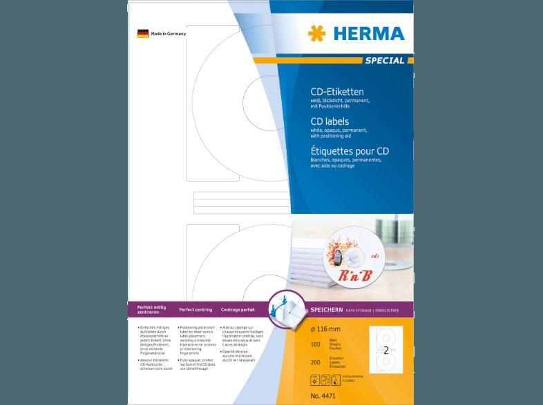 HERMA 4471 CD-Etiketten Ø 116 mm A4 200 St., HERMA, 4471, CD-Etiketten, Ø, 116, mm, A4, 200, St.