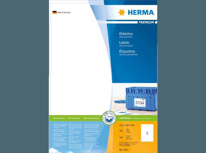 HERMA 4631 Etiketten Premium 210x297 mm A4 200 St., HERMA, 4631, Etiketten, Premium, 210x297, mm, A4, 200, St.
