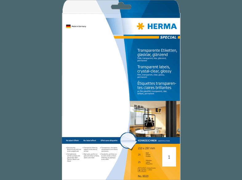 HERMA 8020 Etiketten transparent 210x297 mm A4 25 St., HERMA, 8020, Etiketten, transparent, 210x297, mm, A4, 25, St.