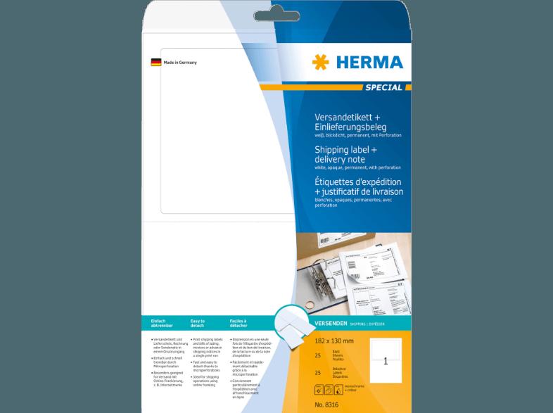 HERMA 8316 Versandetikett   Einlieferungsbeleg 182x130 mm A4 25 St., HERMA, 8316, Versandetikett, , Einlieferungsbeleg, 182x130, mm, A4, 25, St.