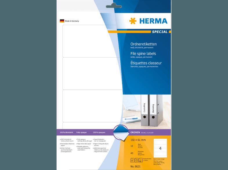 HERMA 8621 Ordneretiketten 192x61 mm A4 40 St., HERMA, 8621, Ordneretiketten, 192x61, mm, A4, 40, St.