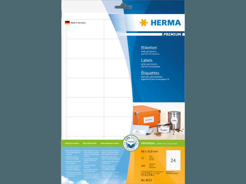 HERMA 8633 Etiketten Premium 66x33.8 mm A4 240 St., HERMA, 8633, Etiketten, Premium, 66x33.8, mm, A4, 240, St.