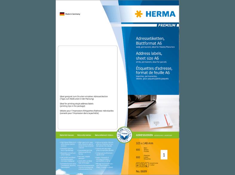 HERMA 8689 Adressetiketten 105x148 mm A4 800 St., HERMA, 8689, Adressetiketten, 105x148, mm, A4, 800, St.