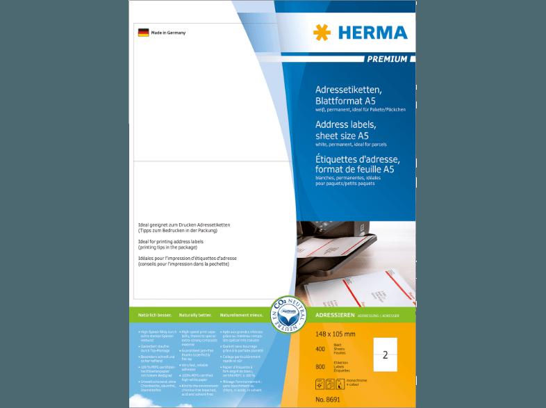 HERMA 8691 Adressetiketten 105x148 mm A4 800 St., HERMA, 8691, Adressetiketten, 105x148, mm, A4, 800, St.