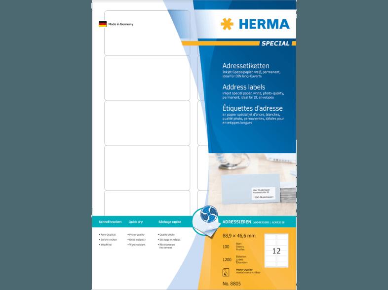 HERMA 8805 Inkjet Adressetiketten 88.9x46.6 mm A4 1200 St., HERMA, 8805, Inkjet, Adressetiketten, 88.9x46.6, mm, A4, 1200, St.