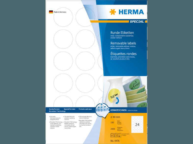 HERMA 4476 Ablösbare Etiketten rund Ø 40 mm A4 2400 St.