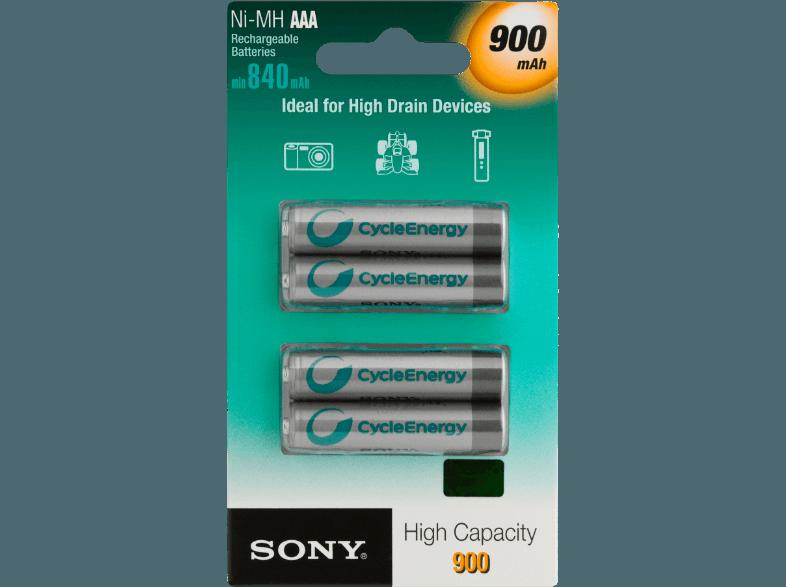 SONY Nickel-Metallhydrid Akkus, 4er Blister AAA Micro, Ni-MH, 1,2 V, High Capacity, 900 mAh Akku AAA Micro, Ni-MH