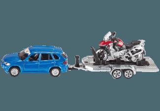 SIKU 2547 PKW mit Anhänger und Motorrad Auto: Blau; Motorrad: Rot; Anhänger: Silber